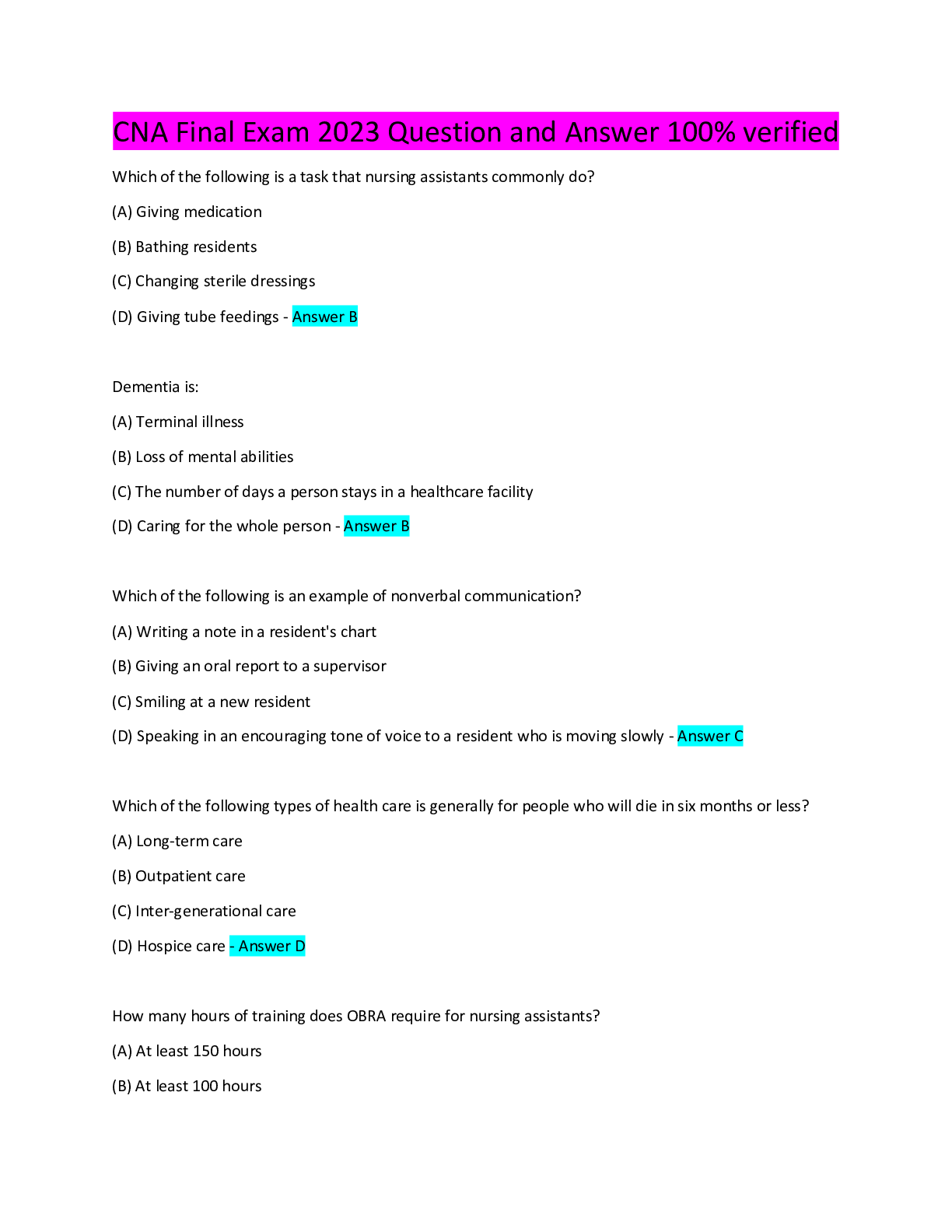 Preview of CNA Final Exam 2023 Question and Answer 100% verified